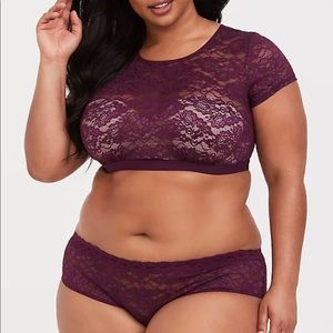 PURPLE LACE SHORT SLEEVE UNDER-IT-ALL CROP TOP